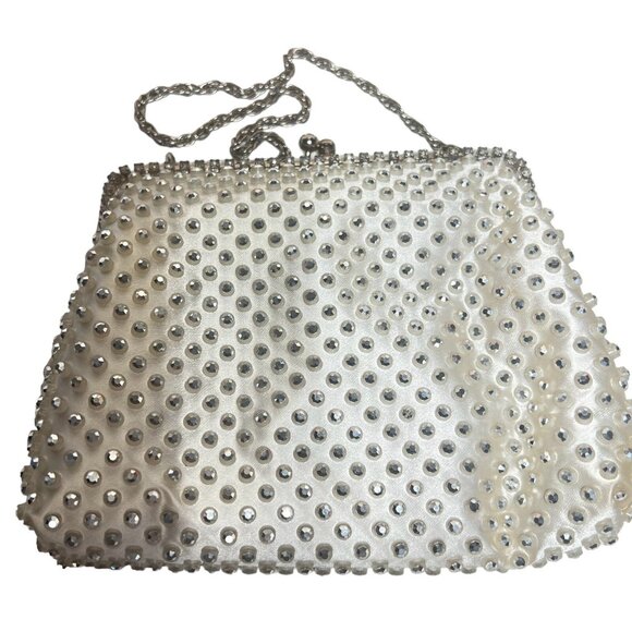 West Germany White Satin Rhinestone Beaded Purse With Change Purse Kiss Lock VTG - Picture 7 of 16